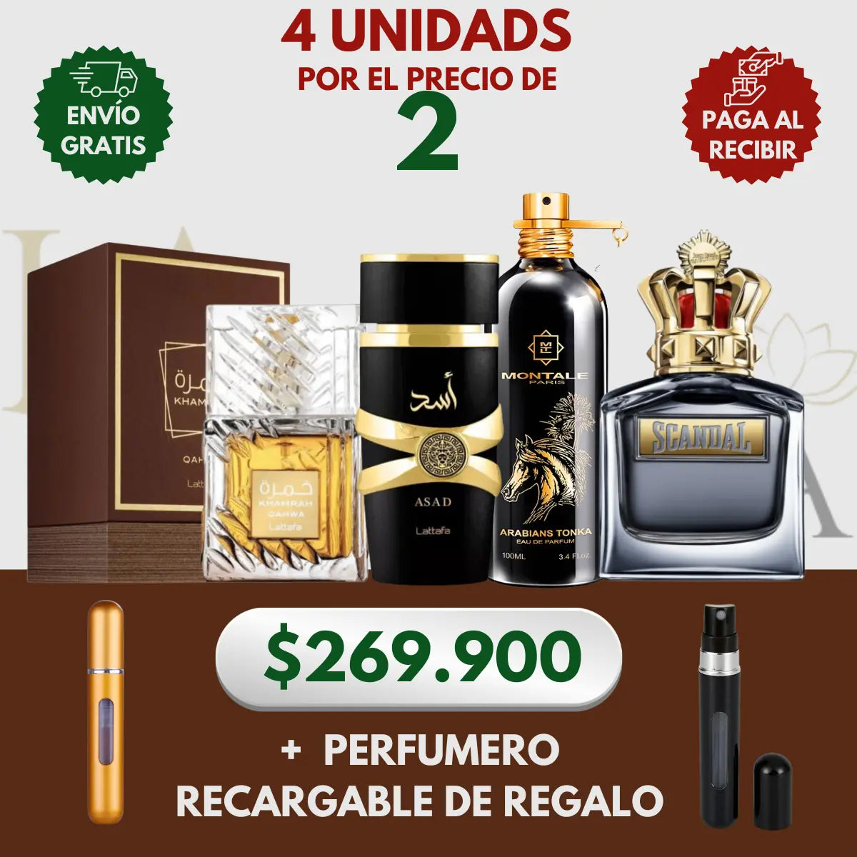 Kit 4 Perfumes Khamrah, Scandal Men, Asad, Arabians Tonka