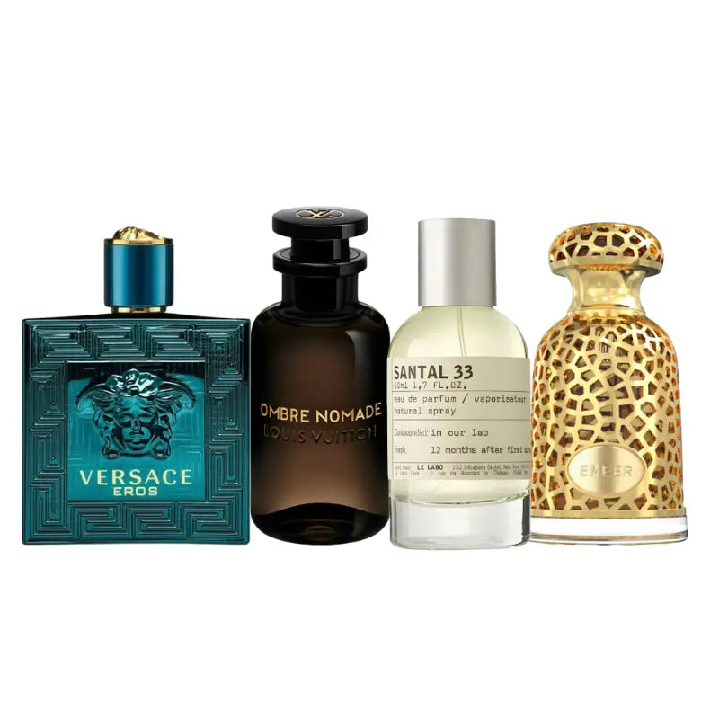 Kit 4 Perfumes Eros, Ombre Nomade, Santal 33, Emeer