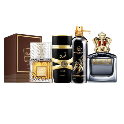 Kit 4 Perfumes Khamrah, Scandal Men, Asad, Arabians Tonka
